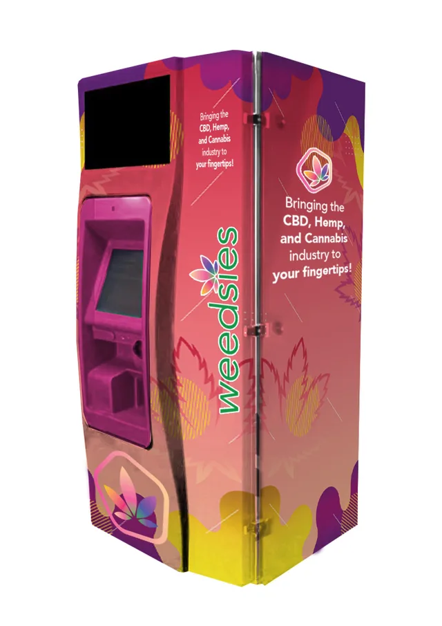 Un distributeur automatique Weedsies aux couleurs de la marque